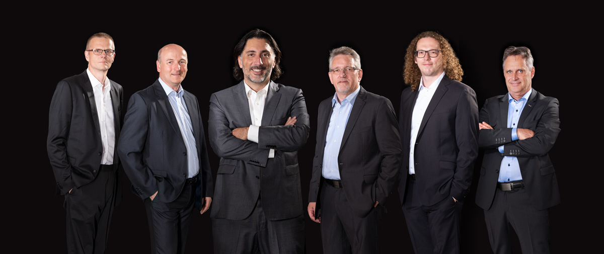 Group picture of the E+H Metrology management team: Juergen Lang, Peter Michel, Daniel Raseghi, Heiko Rings, Sebastian Koenigsmann, Csaba Koeroessy